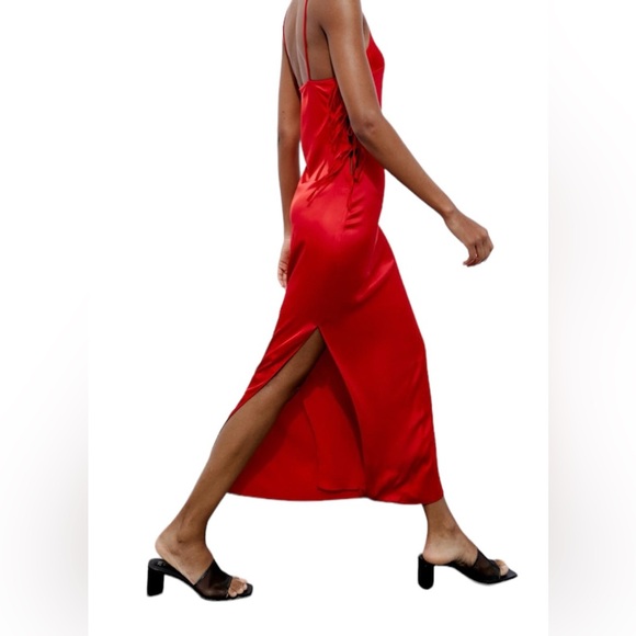 Zara New Womens Red Tied Satin Effect Midi Dress XS Open Back Slit, Lining, Zip - Picture 4 of 8